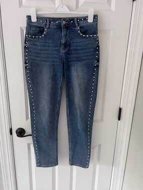 Studded Slim Straight Jeans Mid Rise Embellished Side Seam Denim Size 27
